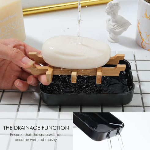 Soap Dishes for Bar Soap, Black Bamboo Bathroom Soap Holder for Shower and Sink