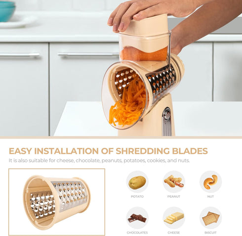 5 SUSTEAS Rotary Cheese Grater with Handle - Vegetable Shredder with Well-designed Blades & Strong Suction Base,Round