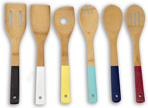 Home Basics Bamboo Cooking Utensils Set, 6-Piece with Color Handles, 2.5" x 12" x .25"