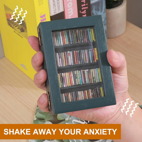 CLVTREBETO 100pcs Anxiety Mini Bookshelf Ornament with Mini Books | Miniature Bookshelf Decor |Shake Away Your Anxiety