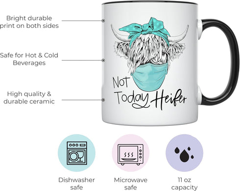 YouNique Not Today Heifer Mug - 11 Ounces Cow Coffee Mug - Social Distancing Cow Cup (Black Handle)