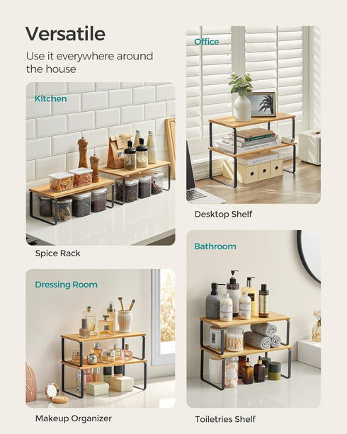 SONGMICS Kitchen Organizer Shelf Set of 2, Stackable Expandable Metal and Engineered Wood, Ink Black and Natural Beige