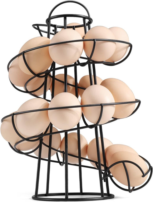 Flexzion Modern Spiral Egg Skelter - Medium Egg Holder Countertop, Freestanding Wired Dispenser for Fresh Eggs, Black