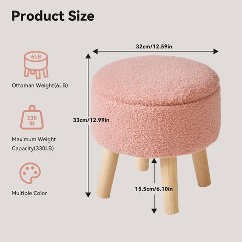 13 Inch WBD006P IBUYKE Foot Stool Ottoman with Storage, Round Small Foot Rest with Padded Seat and Wood Legs, Teddy