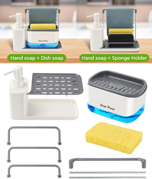 Hand and Dish Soap Dispenser Set with Tray, Dual Soap Dispenser with Sponge Holder and Dishcloth Holder 5-in-1 Organizer for Kitchen Sink Countertop Storage Organize - Useful Kitchen Gadgets (White)