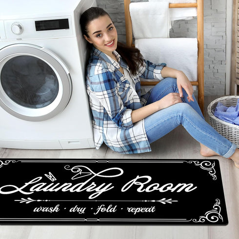 Laundry Room Rug Runner, 17.7"x45" Non Slip Black Laundry Rugs, Farmhouse Washable Floor Mats for Laundry Room