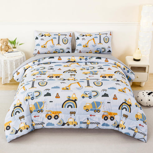 ANGIYUIN 5 Pieces Construction Twin Size Comforter Set for Boys Kids Cartoon