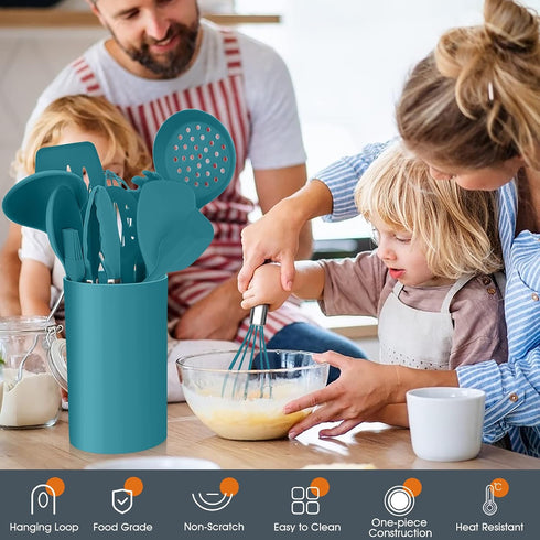 Teal Blue Kitchen Utensils Set, E-far 15-Piece Silicone Cooking Utensils with Holder, Heat Resistant for Cooking