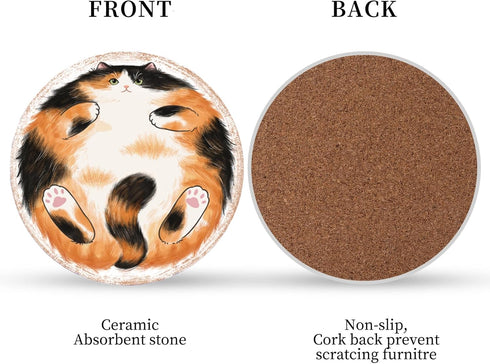 Staruby Set 6 4 Inch, Coasters Absorbent Ceramic Coaster Drink Coasters with Cork Back Sleepy Cats of Round Coaster Non
