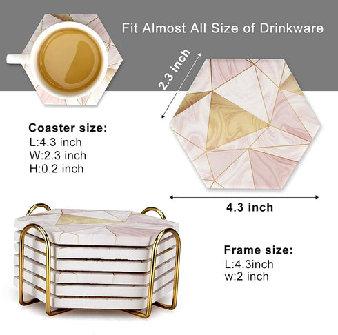 6 Pack Set Pink Marble Coasters with Holder Gold Absorbent Drink Unique Coaster Cute Ceramic Table Coaster Funny