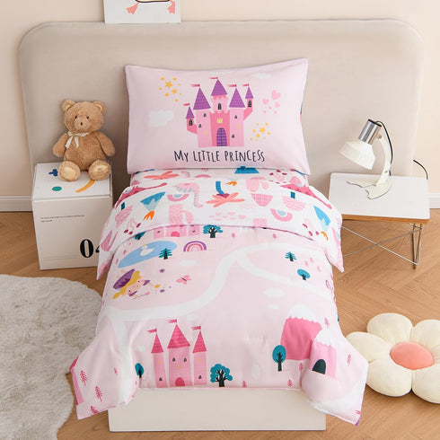 PERFEMET 4 Pcs Twin Bedding Set for Girls Pink Castle Kids Bed