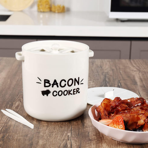 Microwave Bacon Cooker with Lid and Bonus Tongs - SOLIGT Ceramic Splatter-Proof Design Easy Faster Bacon Maker for