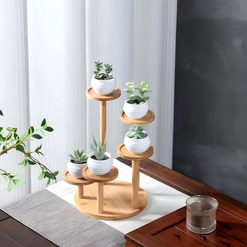SRTFINE 5 Tiered Desk Plant Stand Round Bamboo Plant Shelf Tabletop Succulent Herb Stand Desktop Plant Stand Indoor