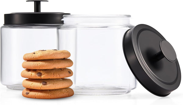 KooK Glass Kitchen Canister Set, Food & Storage Containers for Pantry, 50 oz, Black, Set of 2