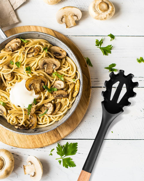 Silicone Pasta Fork, Kitchen Heat Resistant Noodle Spoon Server, BPA Free Spaghetti Strainer, 12.8 inch (Black)