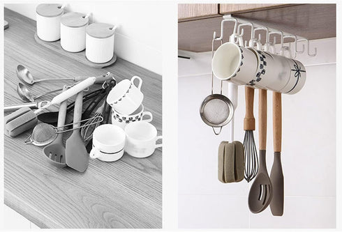 Kitchen Utensil Hanging Cups Storage Hooks with 6 Hooks, Under Cabinet Closet Cup Holder Hanger Hook Rack (White)