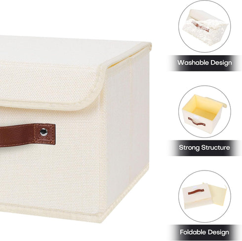 ANMINY Storage Bin with Lid, Decorative Foldable Lidded Cotton Linen Fabric Home Organizer - Beige, Small Size