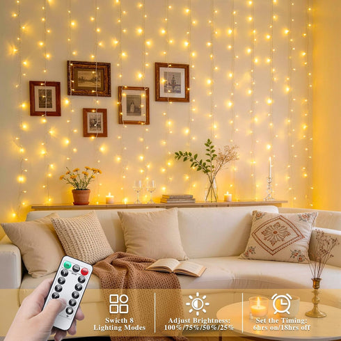 200 8 JMEXSUSS LED Curtain Lights Battery Operated & USB Plug in, Modes Warm White Curtain Hanging String Lights Indoor