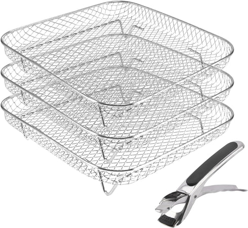 Square Air Fryer Rack, 3 Layer Stainless Steel Stackable Dehydrator Rack with Anti-Scalding Clip, Air Fryer Accessories