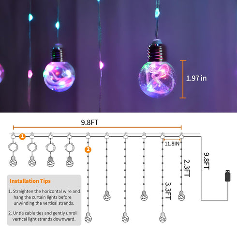 9.8 3.3 Color Changing Wishing Ball Curtain Lights, x FT RGB LED Fairy Light with Remote App Control, Music Sync Window