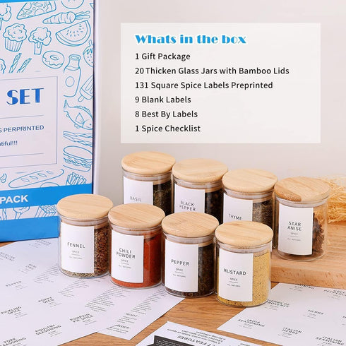 20 Thicken(2.4mm) 4oz 131 Glass Spice Jars with Bamboo Lids - Pcs Airtight Seasoning Containers with Waterproof