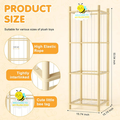 Hsenowi Stuffed Animal Storage Zoo Organizer Natural Pine Plushies Storage with Elastic Bands Vertical Wood Toy Holder