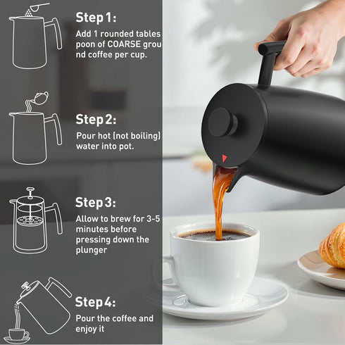 50oz 304 Secura French Press Coffee Maker Stainless Steel, Insulated Coffee Press with Extra Filter, Black