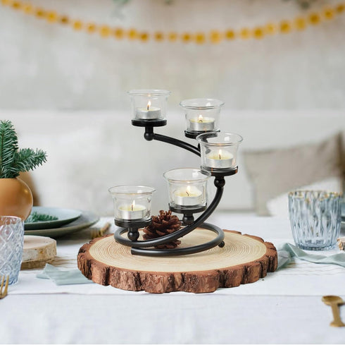 2Pcs 5-arm Black Metal & Glass Tea Light Candle Holders for Table Centerpiece, Glass Votive Tealight Holders/Candelabra