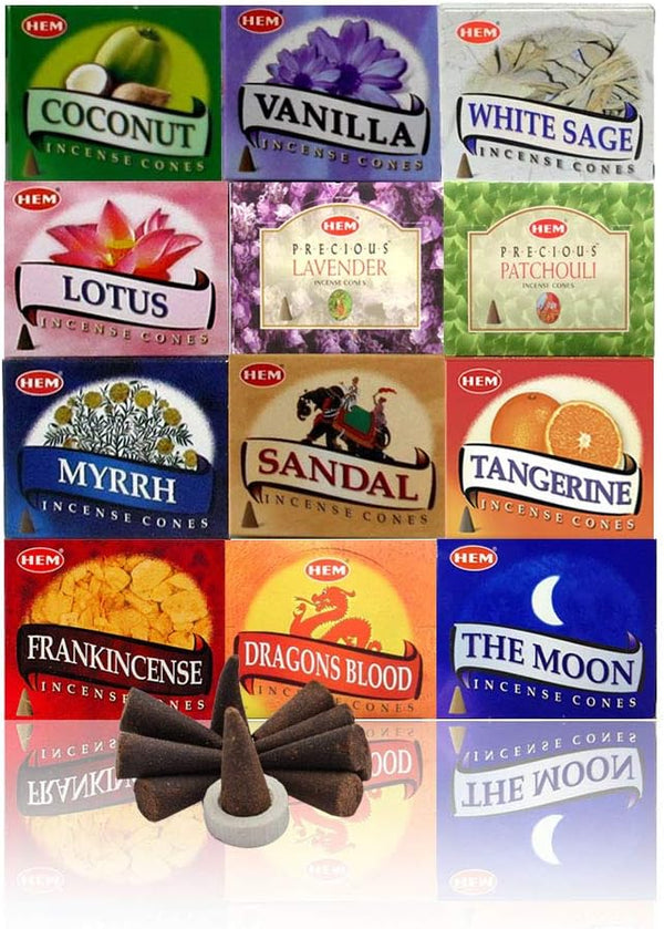 HEM Assorted Incense Cones – Pack of 12 Scents (10 Cones Each, 120 Total)