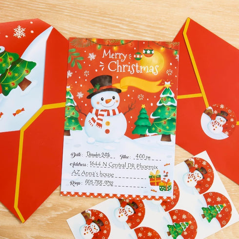 WERNNSAI 24 Pack Christmas Party Invitations Kit, Snowman Invitation Cards with Envelopes and Stickers