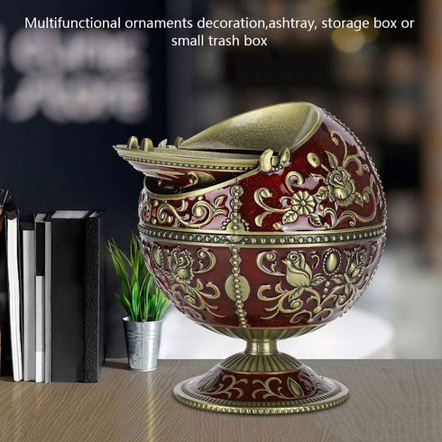 Windproof Ashtray with Flip Lid, Global Shaped Dragon Pattern Zinc Alloy Smoking Ash Tray for Home Office Crafts