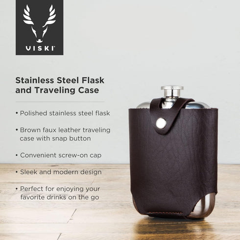 Viski Stainless Steel Flask with Traveling Case, Leather Wrap, 5oz, Brown