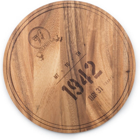 Ironwood Gourmet Engraved Multi-Use Circle Serving Board, 0.5 x 9 x 9 inches, 1942 Wine Barrel Design