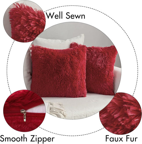 MIULEE Luxury Faux Fur Throw Pillow Cover - Pack of 2, Deluxe Winter Decorative Cushion Cover 18x18 Inch Red