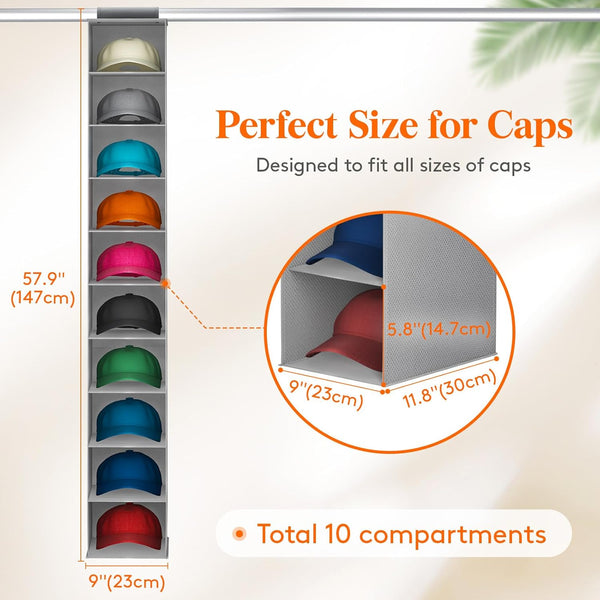 Lifewit 10 Compartments Hat Organizer - 1 Pack Hanging Storage Organizer for Baseball Caps, Holds Up to 40 Hats, Grey