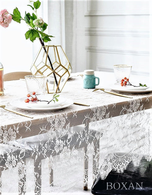 BOXAN Gorgeous White Lace Tablecloth Overlay, 60x120 Inch Rose Vintage Embroidered, Romantic Boho Wedding Reception