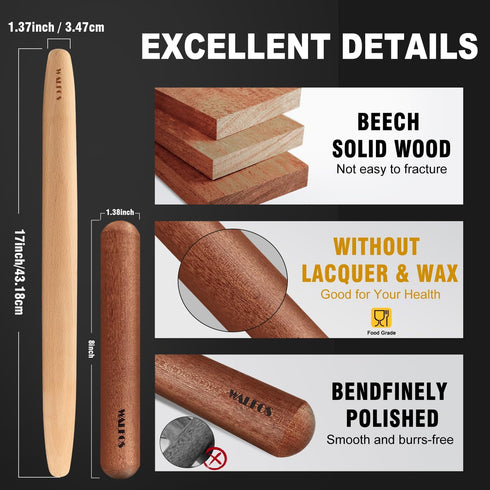 Walfos French Rolling Pin Set, Natural Wooden Baking Dough Rollers (8inch, 15.7inch) for Pizza, Pie, Pasta