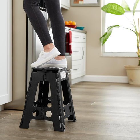 18" Casafield Folding Step Stool with Handle, Black - Portable Collapsible Small Plastic Foot Stool for Adults - Use