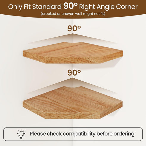 7in 1 Pack) Fun Memories Corner Shelf Wall Mount, Solid Oak Wood Floating Corner Shelves with Cable Hole, Rustic Design