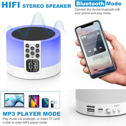 AFEXOA Dimmable 48 10 11 12 13 14 15 Night Light Bluetooth Speaker Alarm Clock, Sound Machine with White Noise, Touch