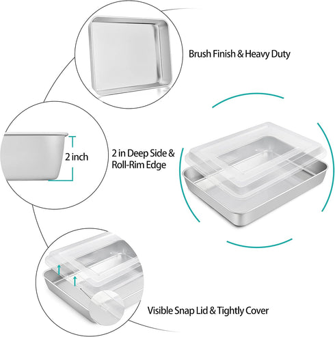 TeamFar Rectangular Cake Pans with Lids - 10.5’’ x 8’’ Stainless Steel Lasagna Brownie Pan