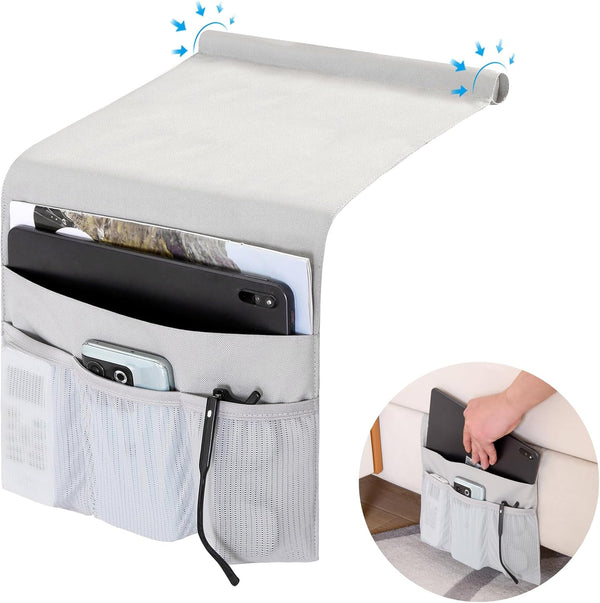 WOMACO Gray Bedside Storage Caddy, Medium Bed Side Pocket Organizer for Phones, Magazines, Tablets, Accessories
