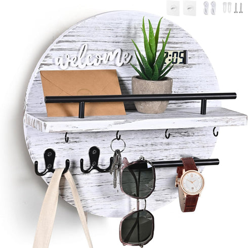 Key Holder for Wall, Round Wooden Rustic Organizer for Entryway, Mudroom, Hallway, Kitchen, Pale White