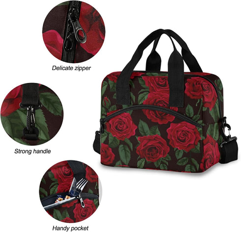 ALAZA Insulated Lunch Box Red Rose Floral Cooler Bags, Reusable with Shoulder Strap, 19-Can (12.5L)