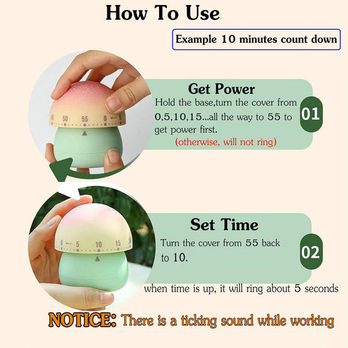 60 Countdown Cute Mushroom Timer for Kids, High Volume Mechanical Kitchen Timer, Wind Up Minutes Manual Timer