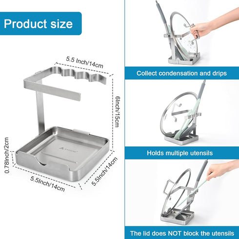 Vertical Spoon Rest and Lid Stand - Foodgrade Stainless Steel Pot Lid Holder with Drip Tray for Kitchen Counter