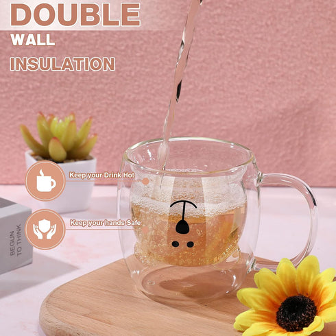 Patelai Cute Bear Tea Cup, Double Wall Glass Milk Coffee Mug with Handle, Insulated Birthday Gift for Women Men (White)