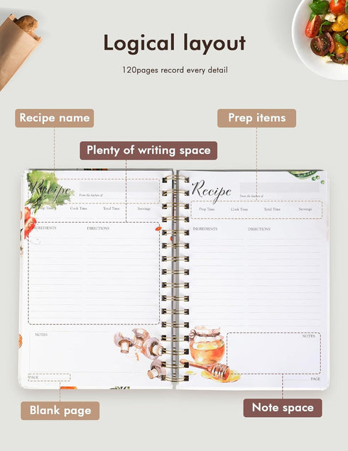 Recipe Book Waterproof Hardcover to Write in Your Recipes,Simplified Family Recipe Notebook for the Chef at Home, Recipe Journal Hold 120 Recipes(White) by molekaus