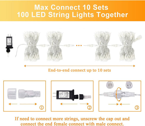 JMEXSUSS 2 Pack 100 LED Warm White Christmas Lights, 33ft Connectable Indoor Plug in, 8 Modes for Tree Wedding Party