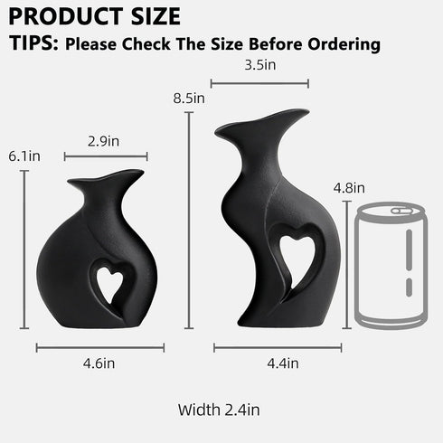 Set 2,Filled Black Ceramic Vase of with Love,Modern Minimalist Bohemian Vases Home DecorHeart Shape Matte Ceramic Vases
